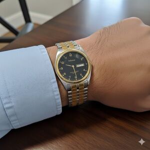 Armitron Two-Tone Quartz Watch Black Dial Day Date 30mm Classic Vintage Style